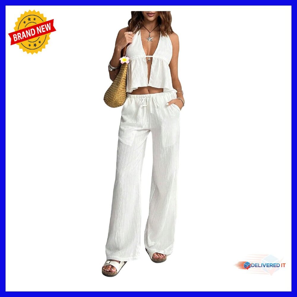 Sexy Deep V Halter Top & Wide Leg Pants Set - Summer Vacation Outfit